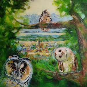 “Sowy lubią NT” 100×100 cm